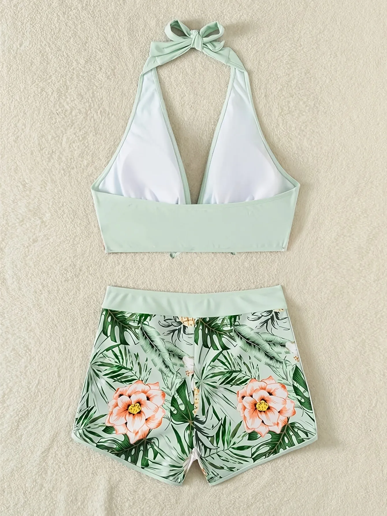 Floral Print Deep V Shape Halter Bikini Boxer Swimsuit